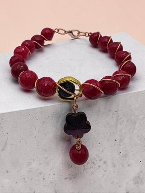 Red Beaded Dangle Charm Bracelet